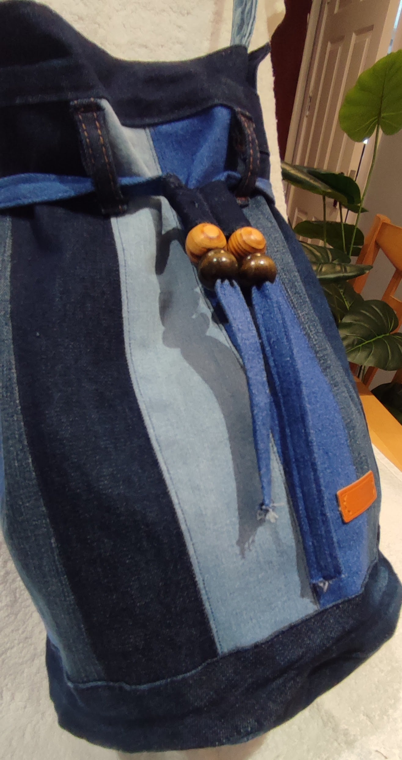 Denim strip draw string bag