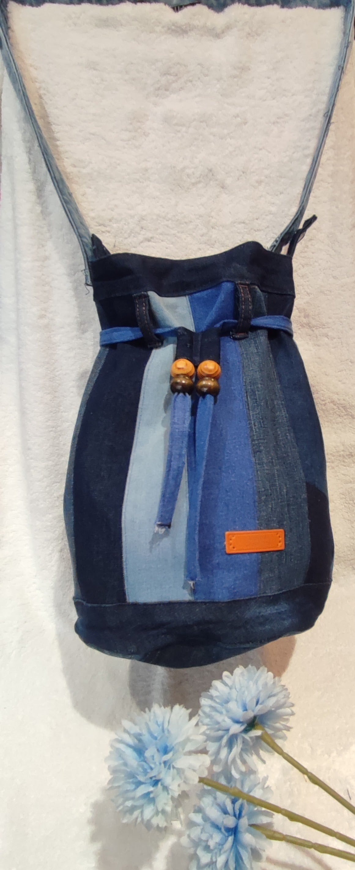 Denim strip draw string bag
