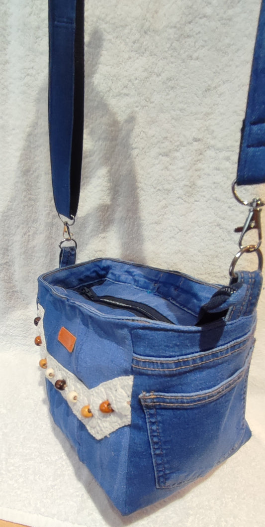 Lace and bead styled denim bag