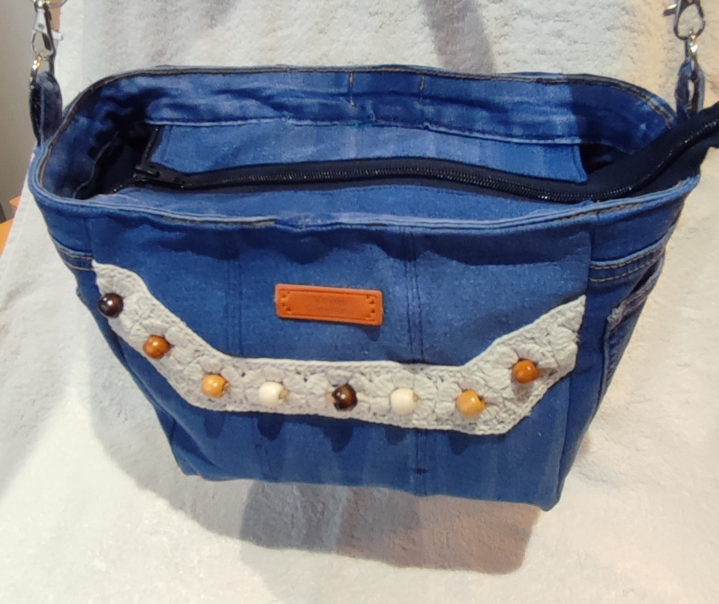 Lace and bead styled denim bag