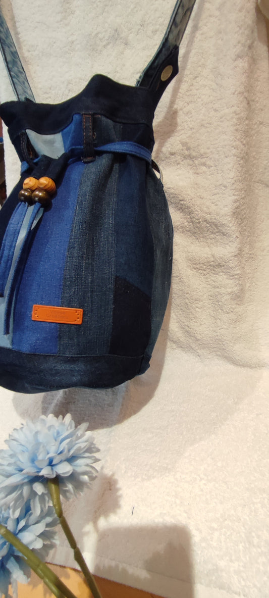 Denim strip draw string bag