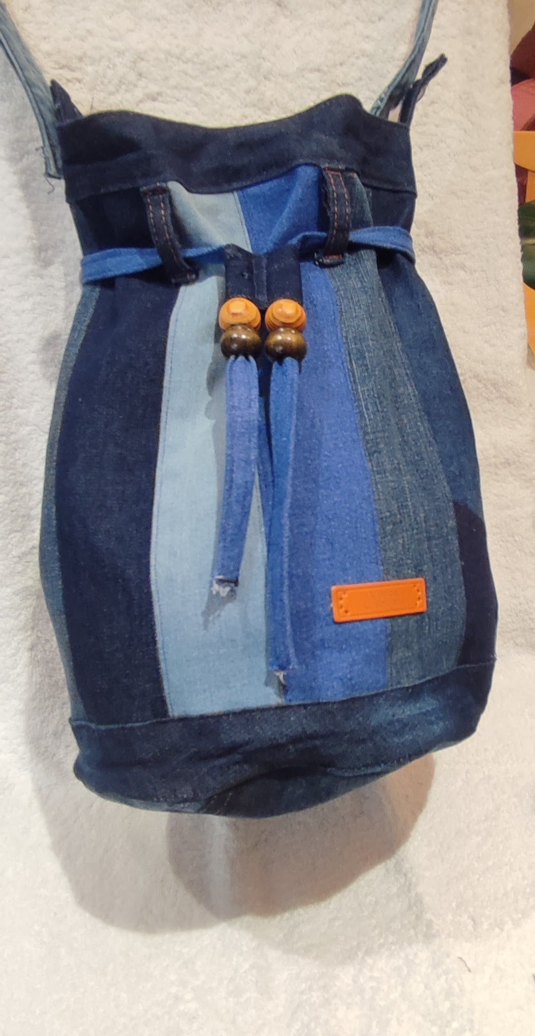 Denim strip draw string bag