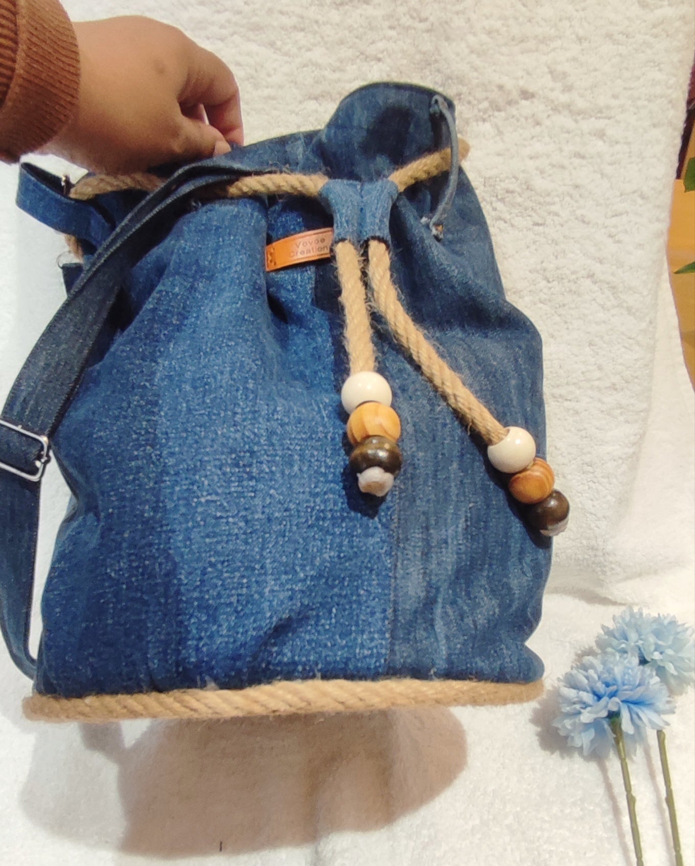 Denim draw string bag